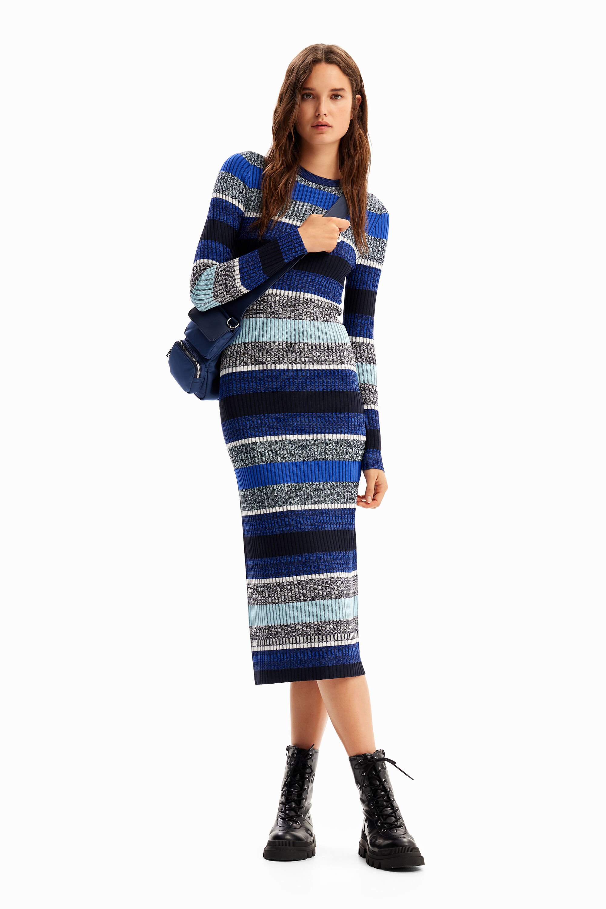 Stripy ribbed midi dress - BLUE - S