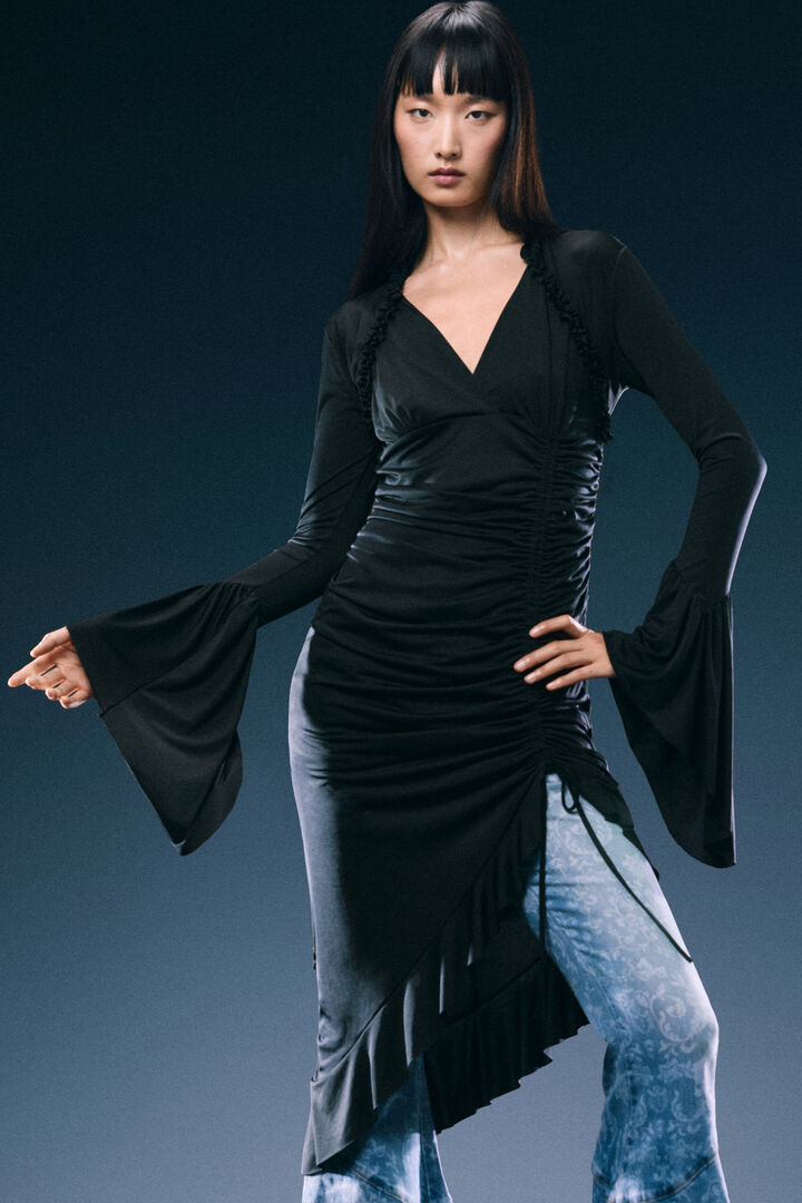 asymmetric dress with flared sleeves