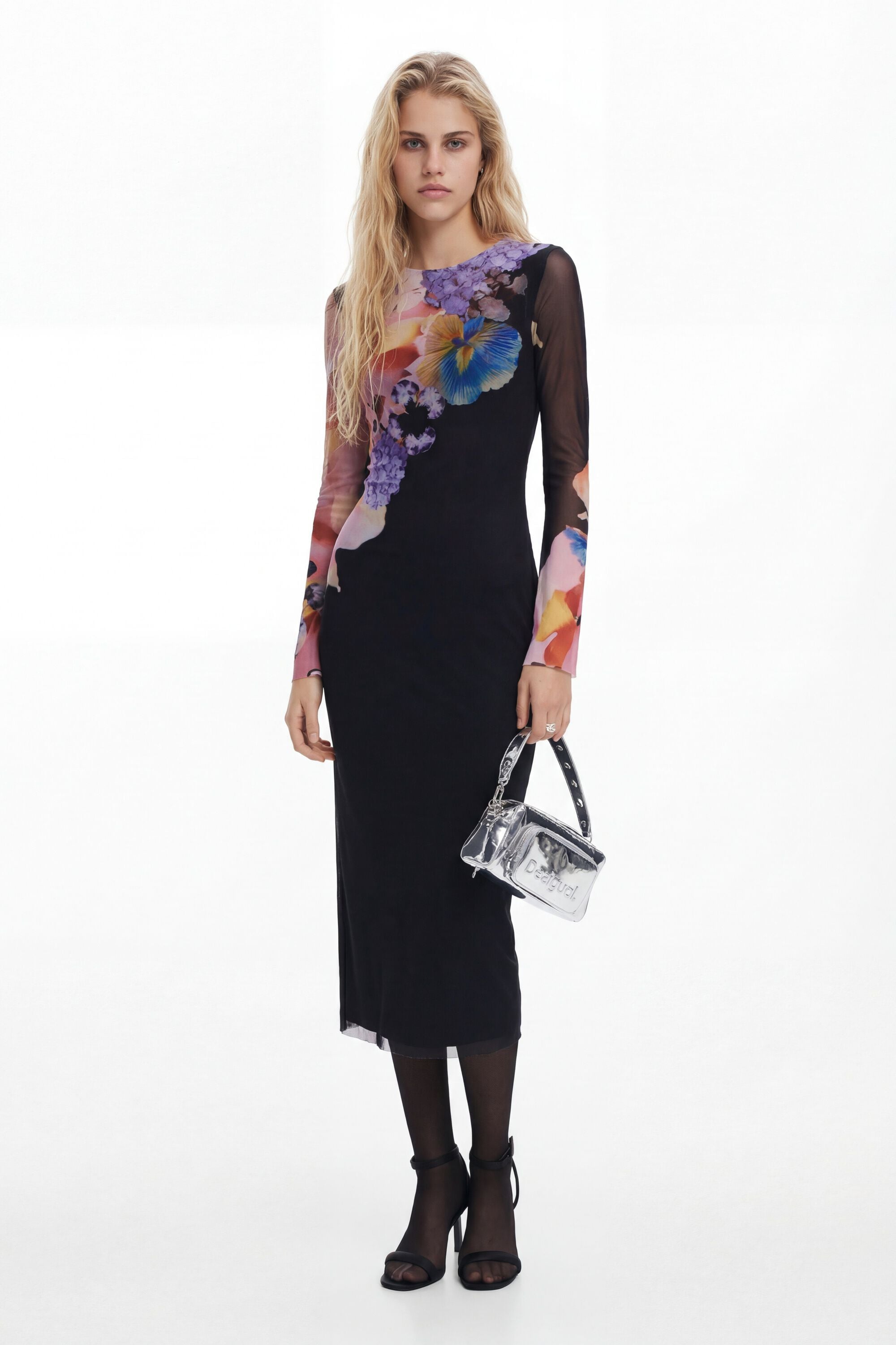 Desigual Donna Nero Vestito Midi A Fiori Grande