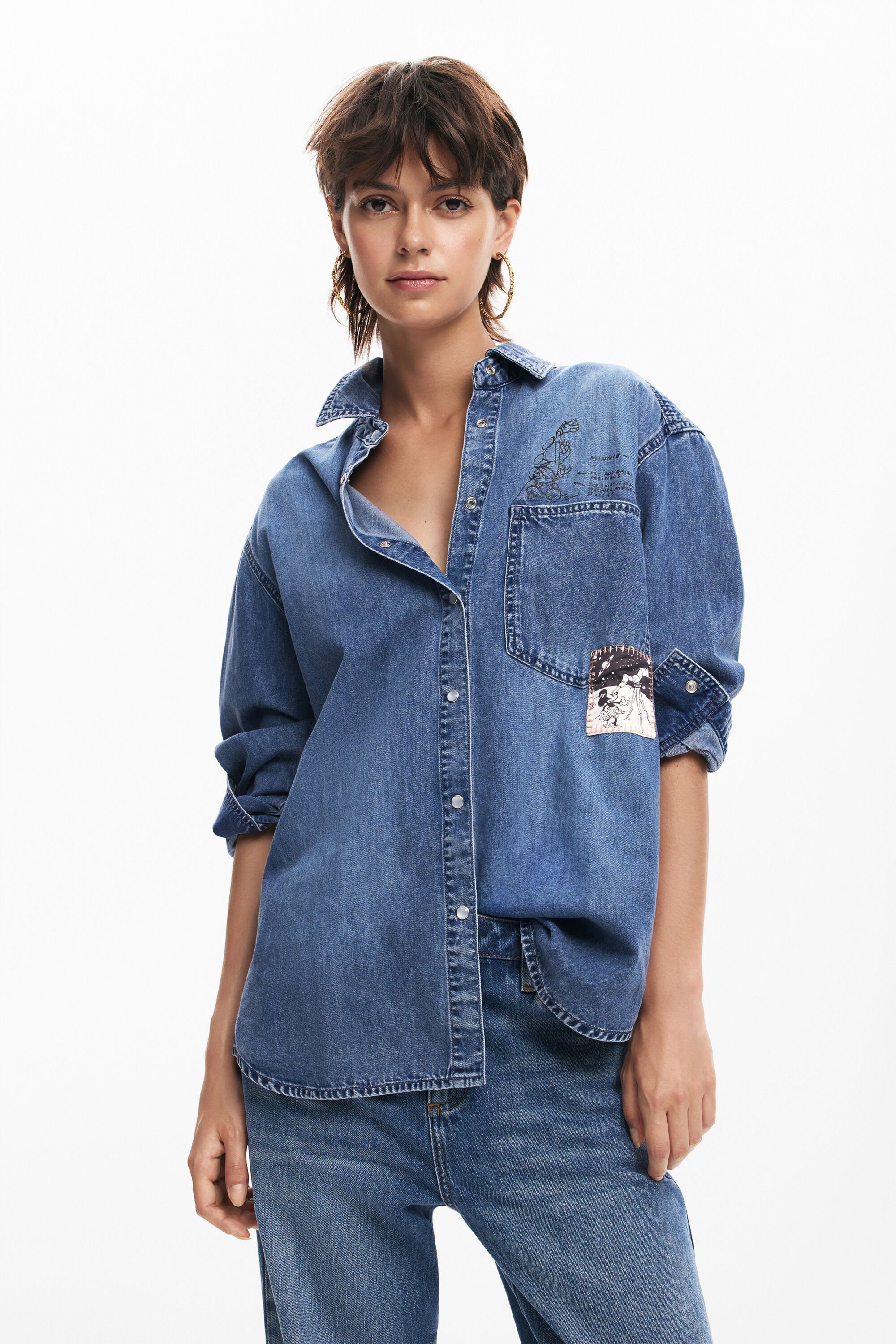 Desigual Long-sleeve Denim Shirt Mickey Mouse In Blue