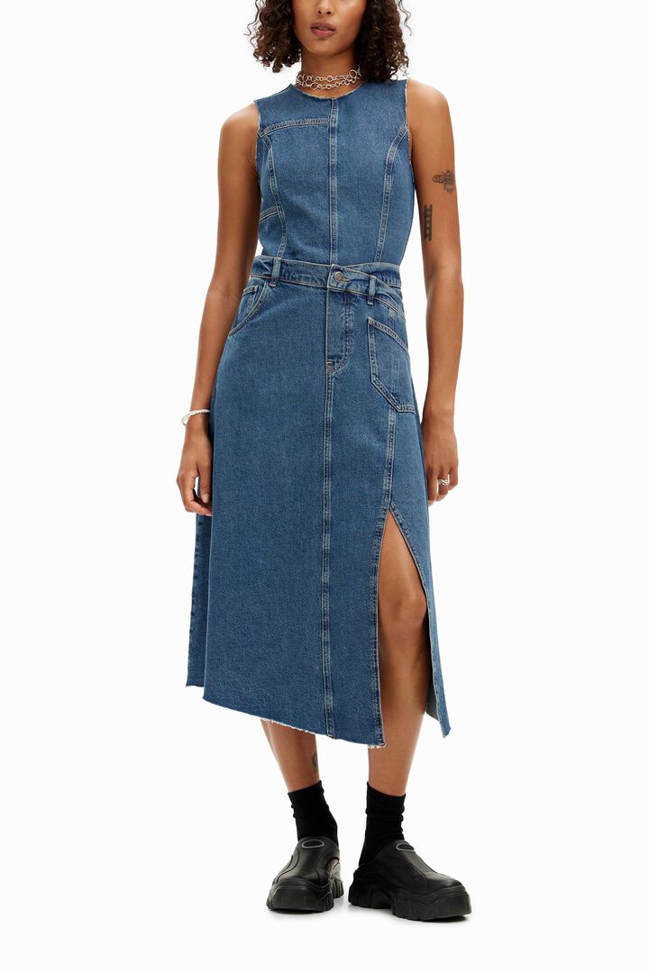 Vestido denim sin mangas y cintura ajustable de mujer I