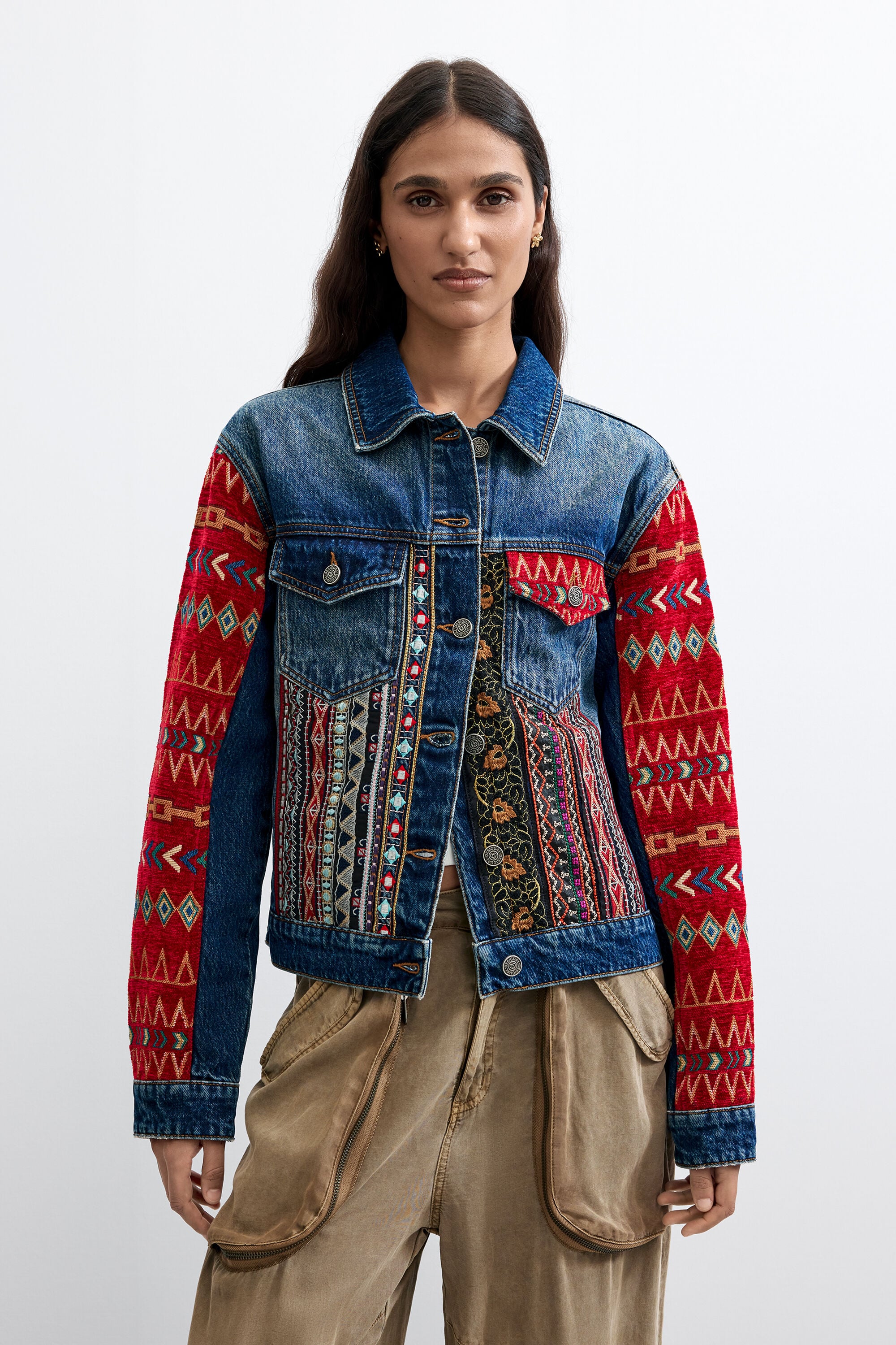 Cazadora Denim Étnica, Algodon, Azul, XS