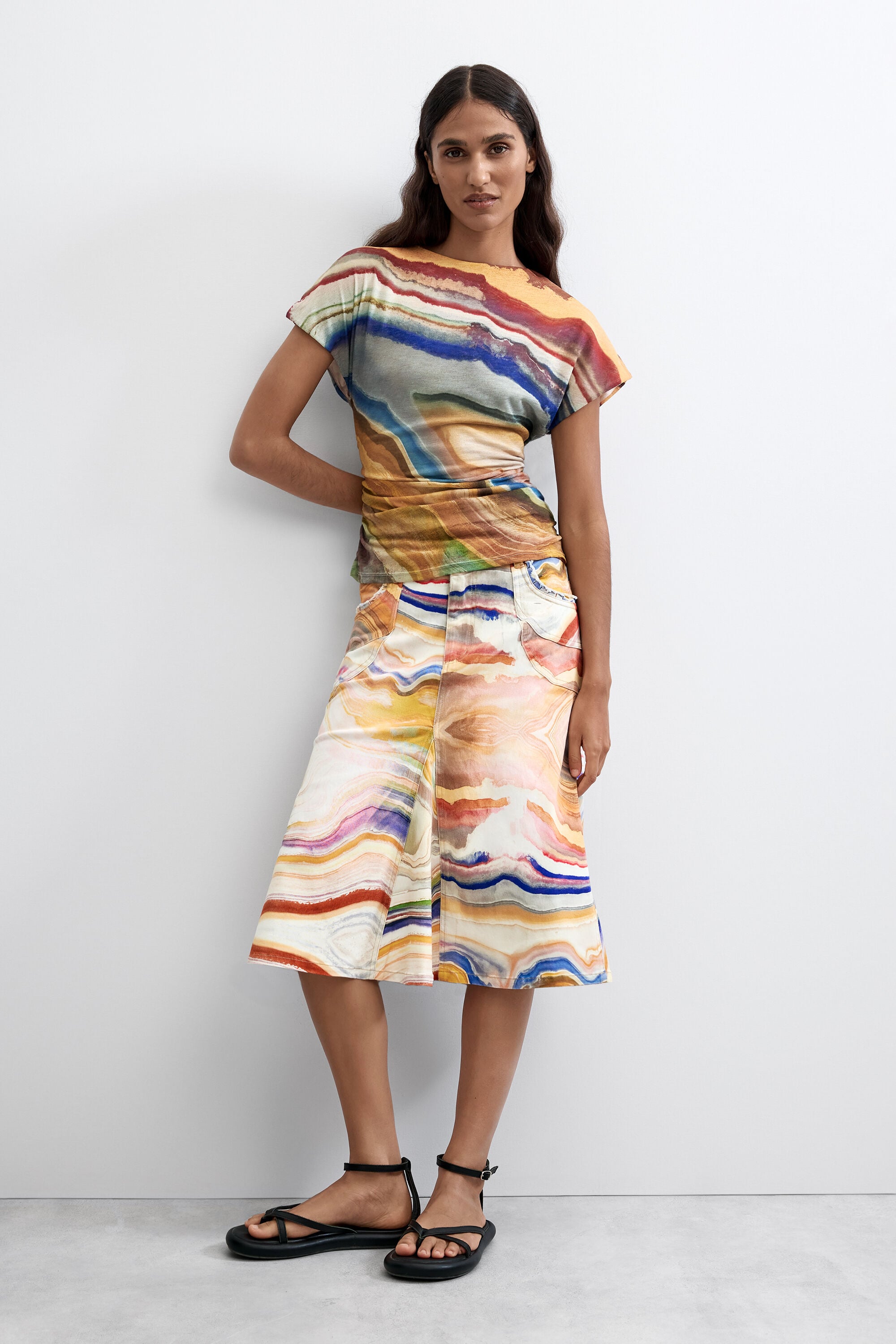 Falda Estampada Midi, Algodon, Amarillo, XS