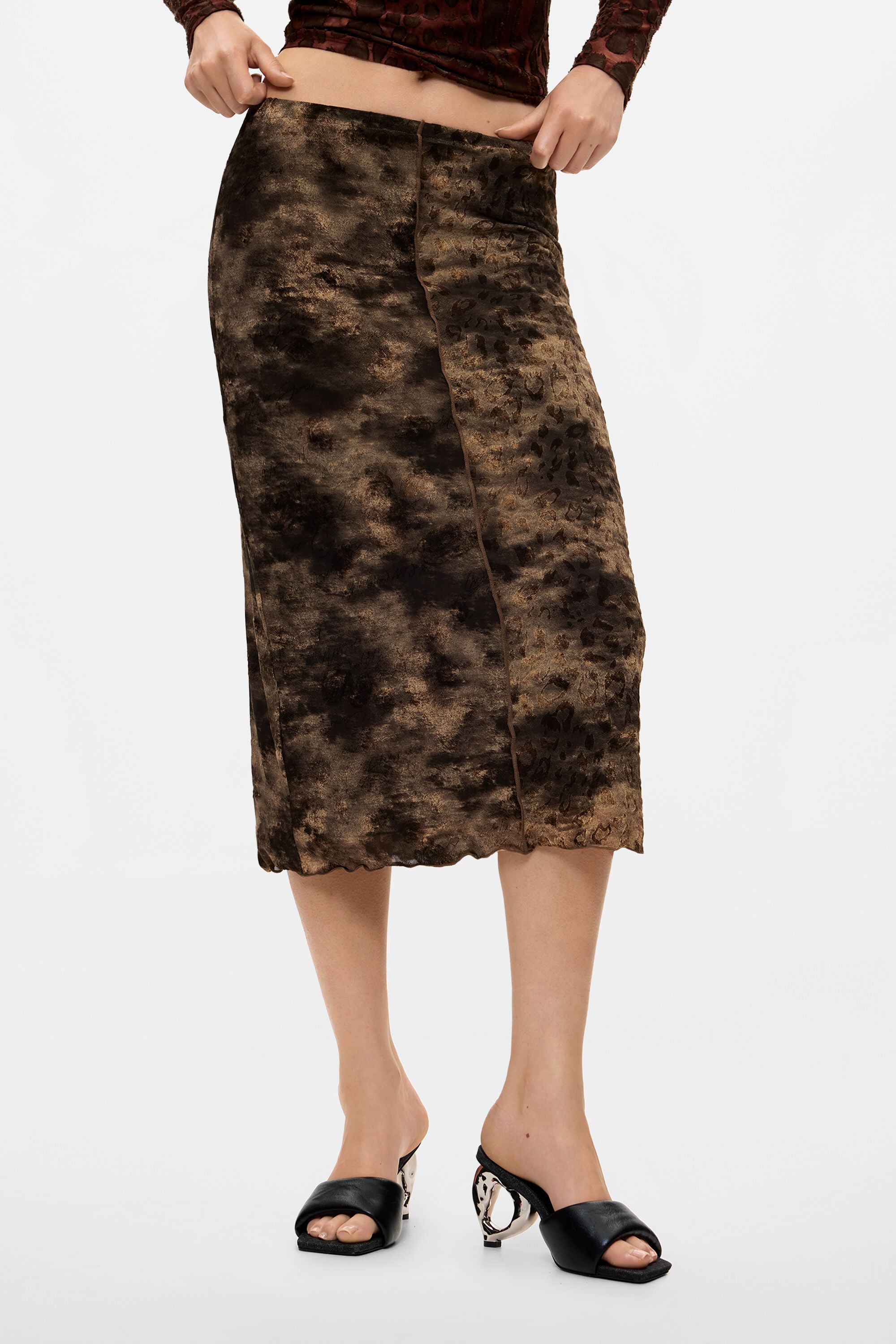 Falda midi animal print, Mujer, Poliester, Negro,