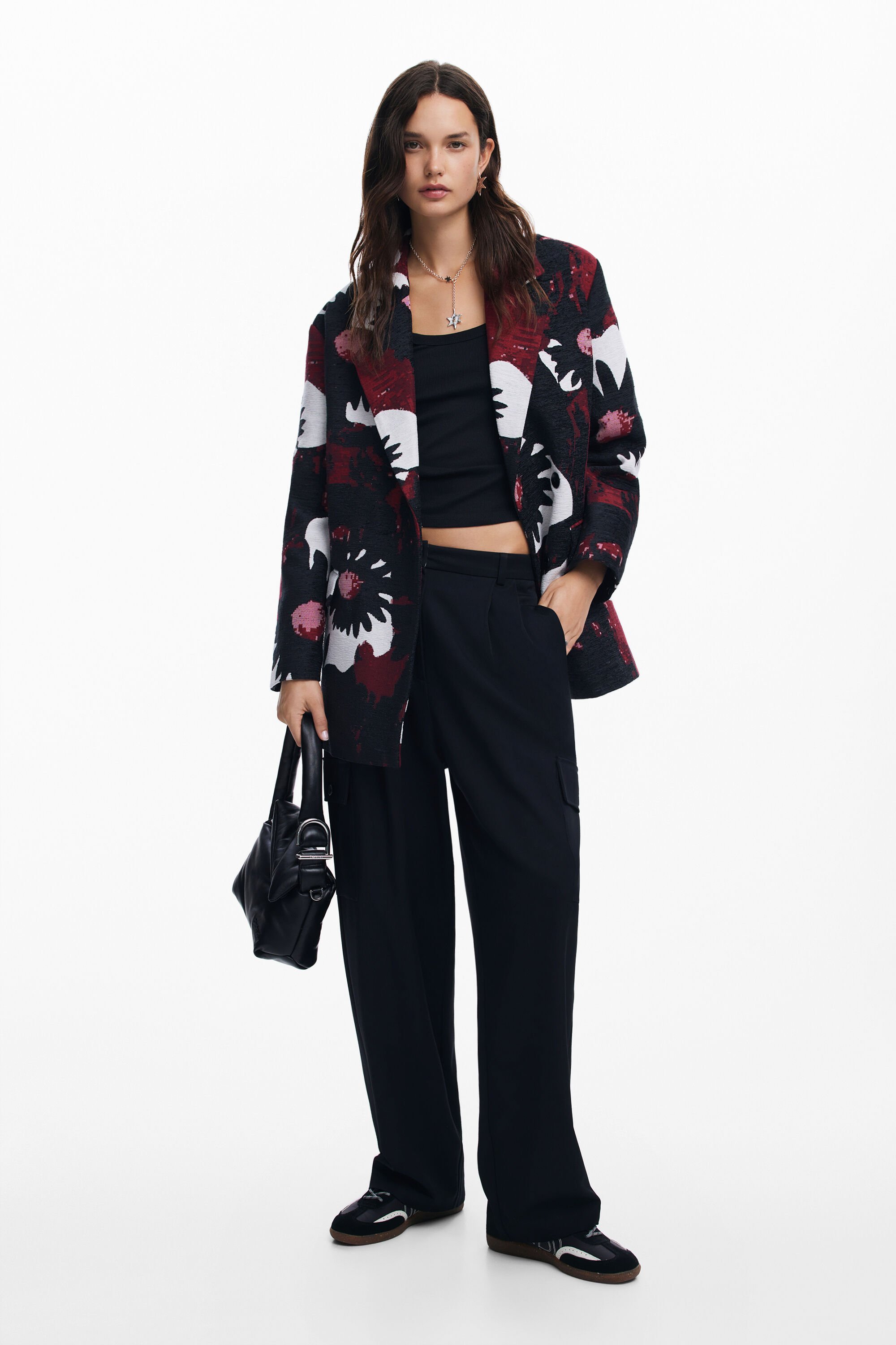 Black floral coat hotsell