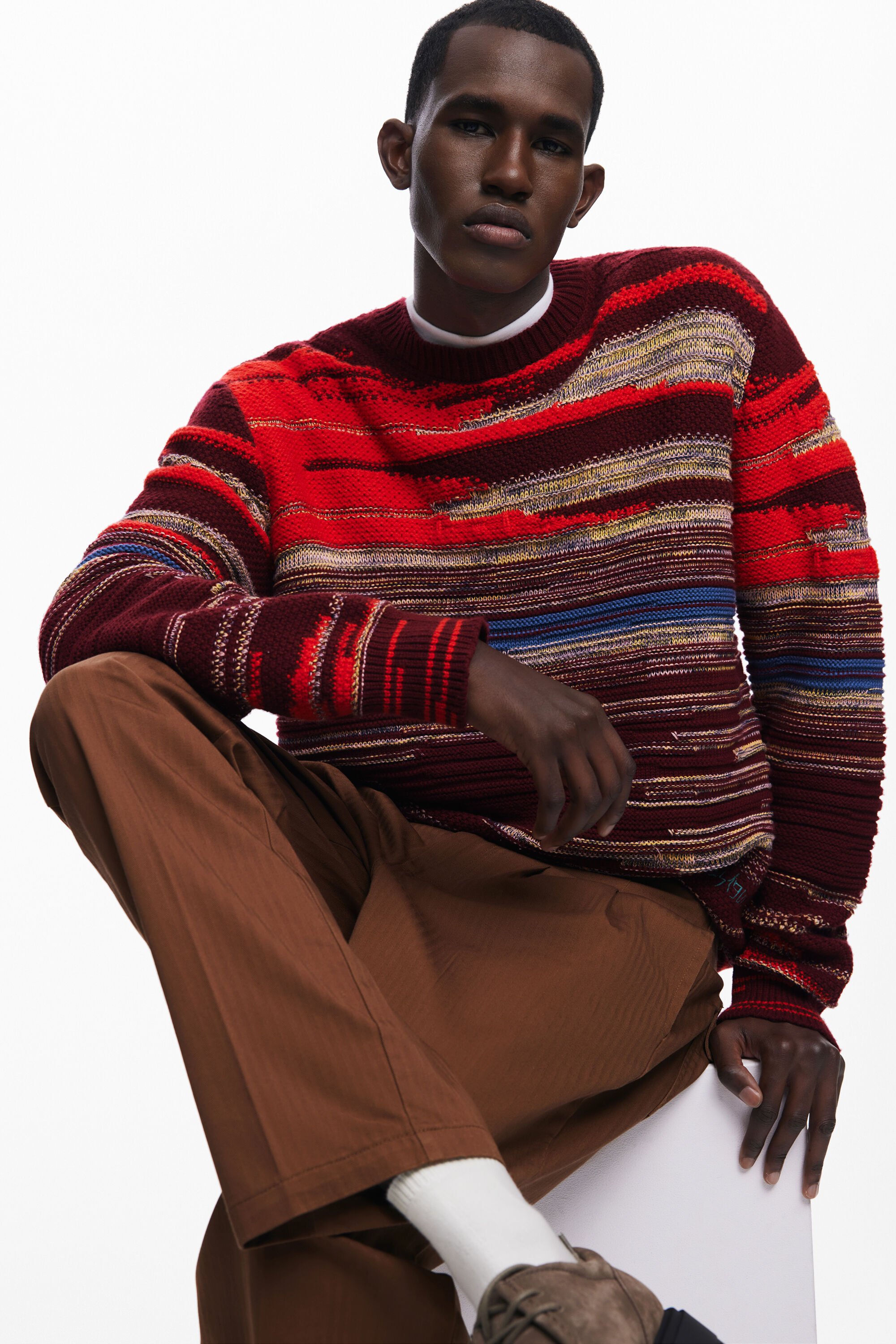 Desigual Striped-pattern Crew-neck Sweater In Red