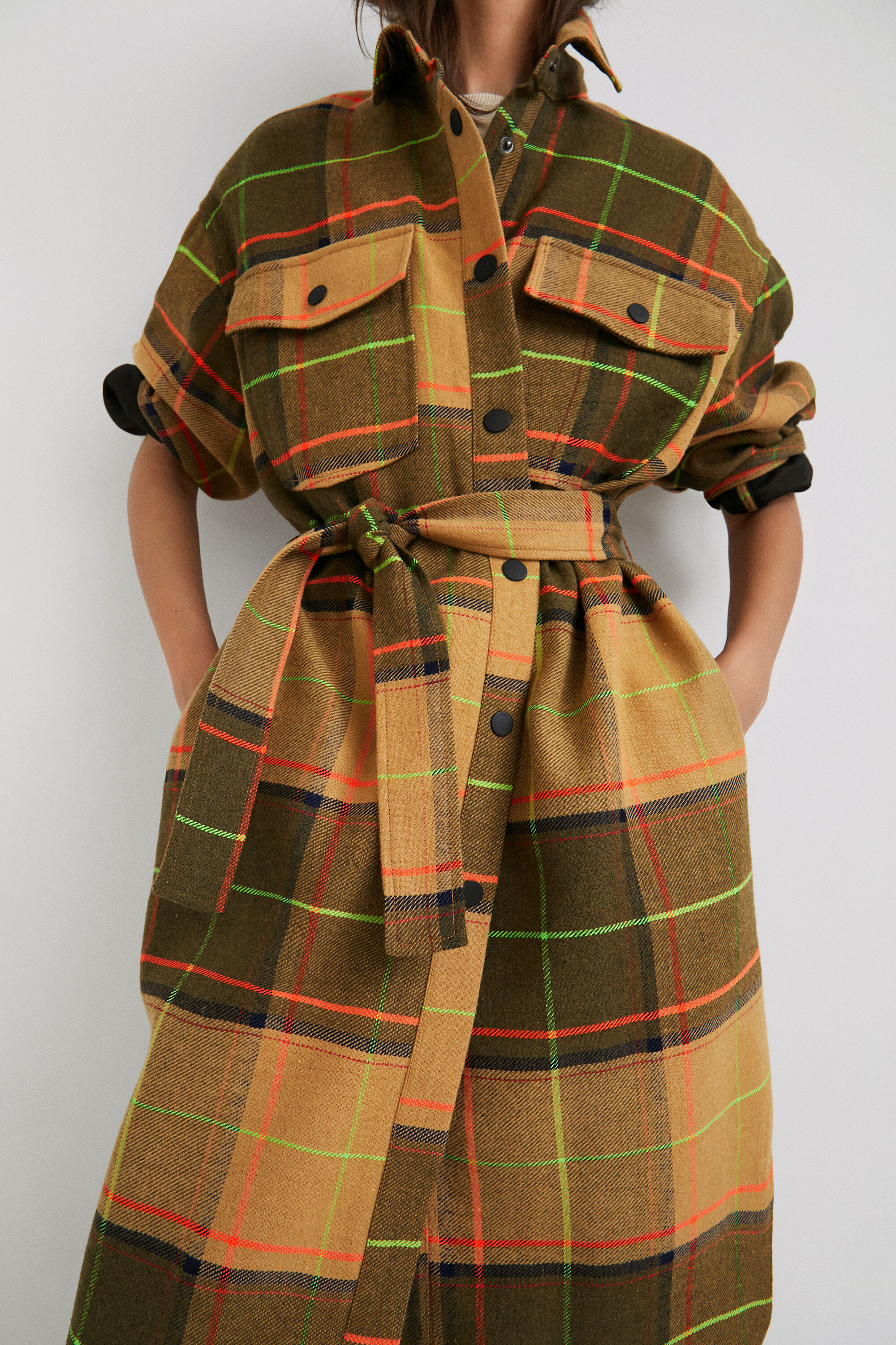 Shop Desigual Long Coat Tartan In Brown