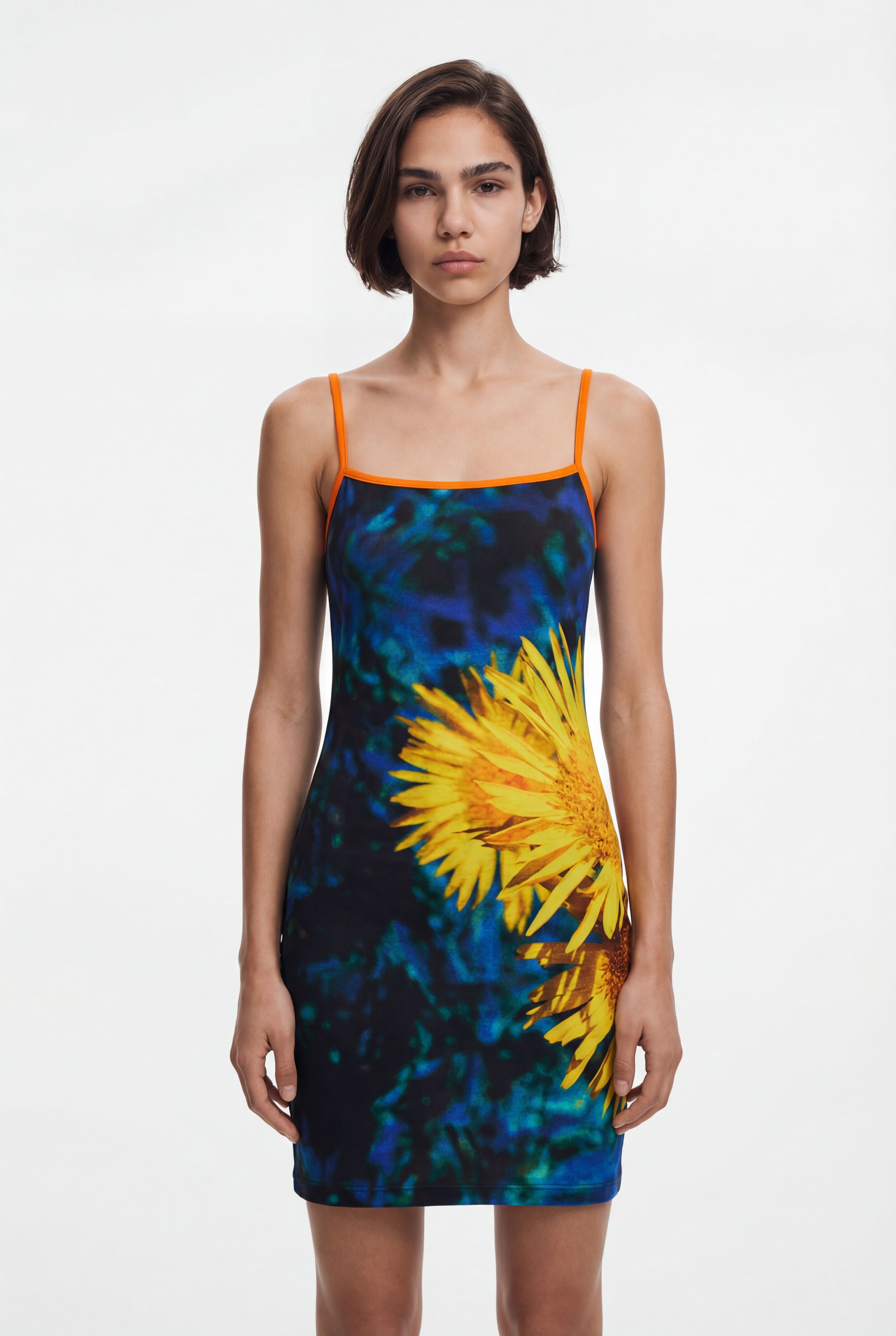 Desigual, Midikleid Sonnenblumen, Damen, Baumwolle, Blau, XS