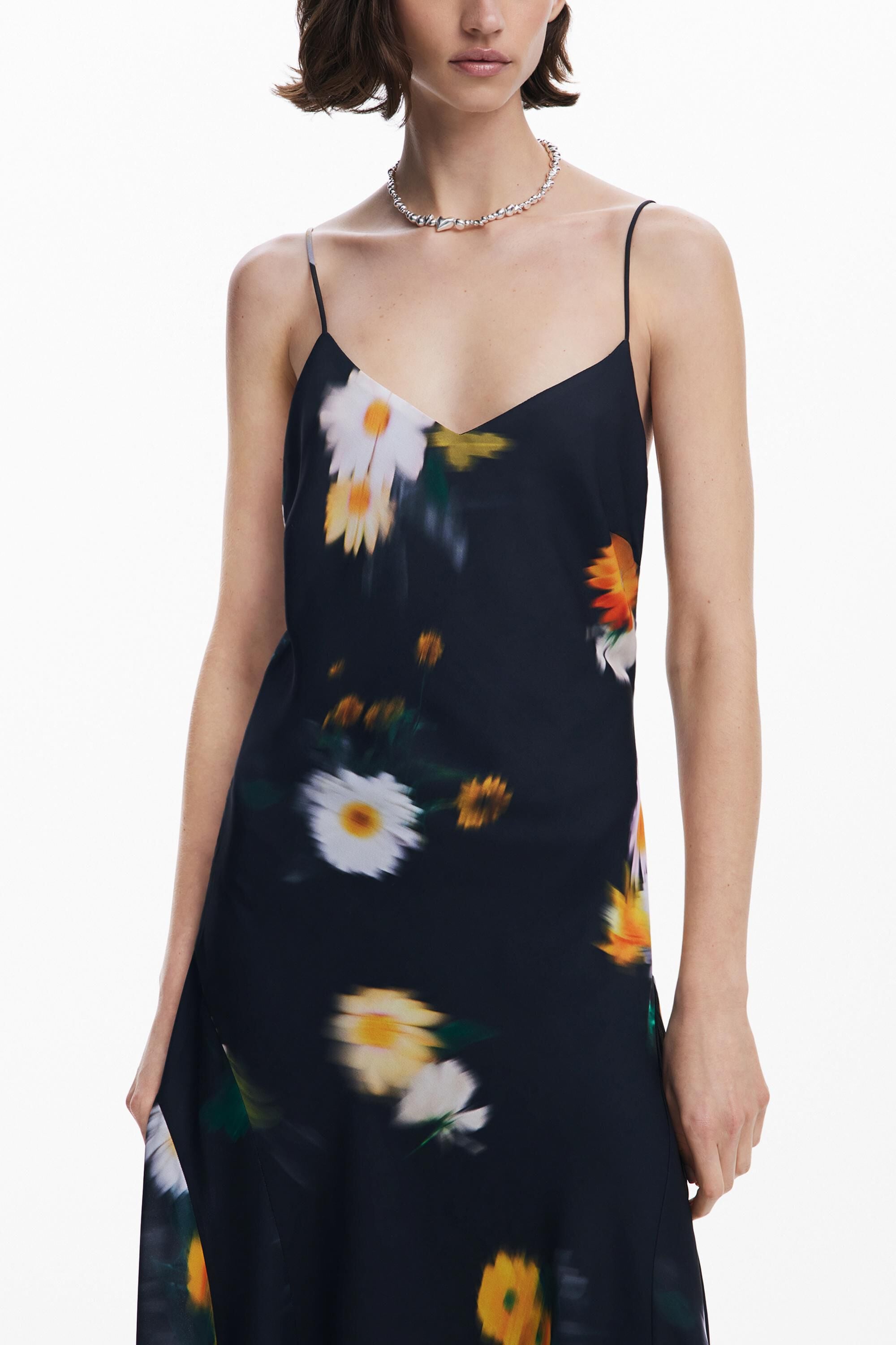 Vestido tirantes gasa flores, Poliester, Negro, XS