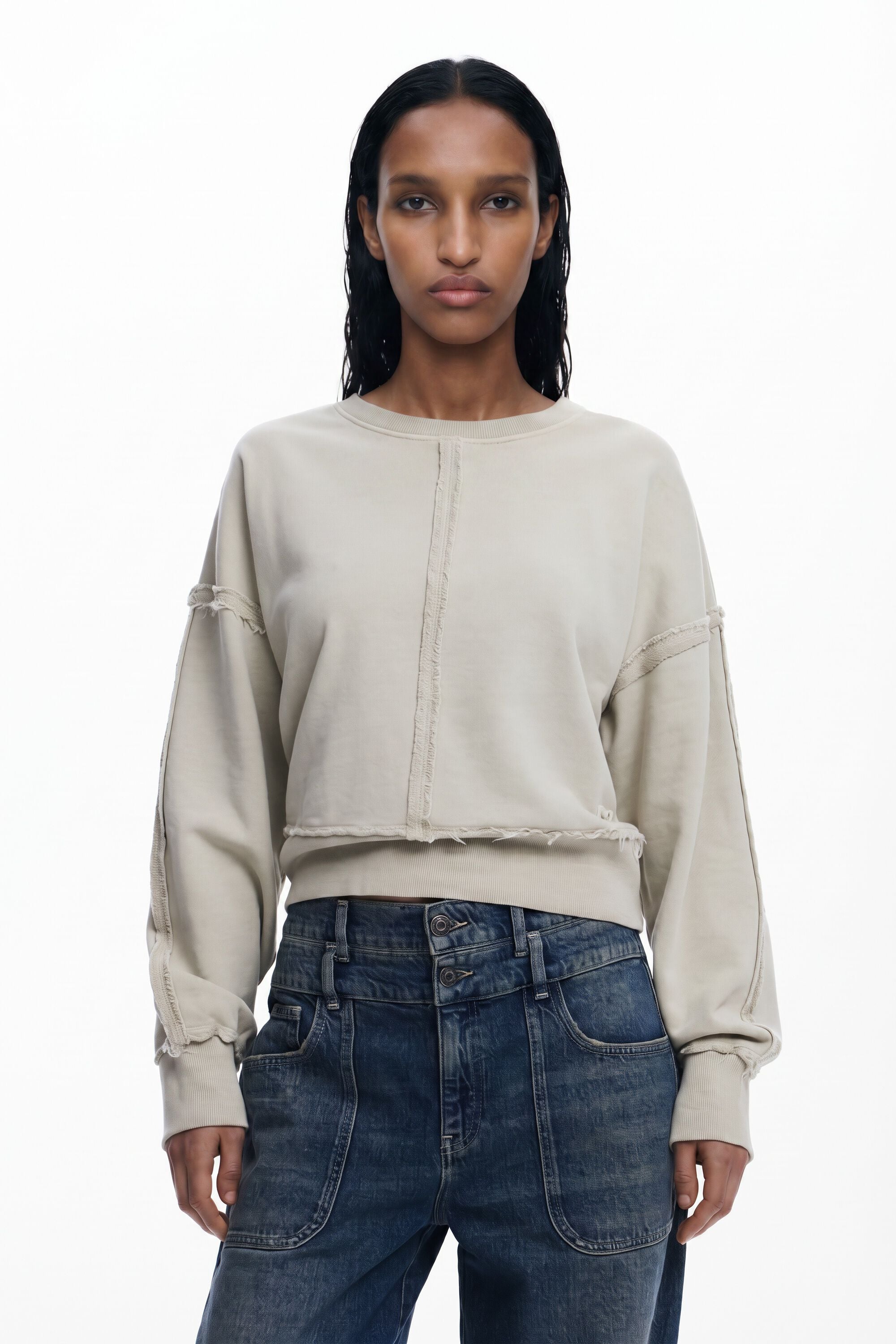 Sweat-shirt surpiqûres, Coton, Marron, XS