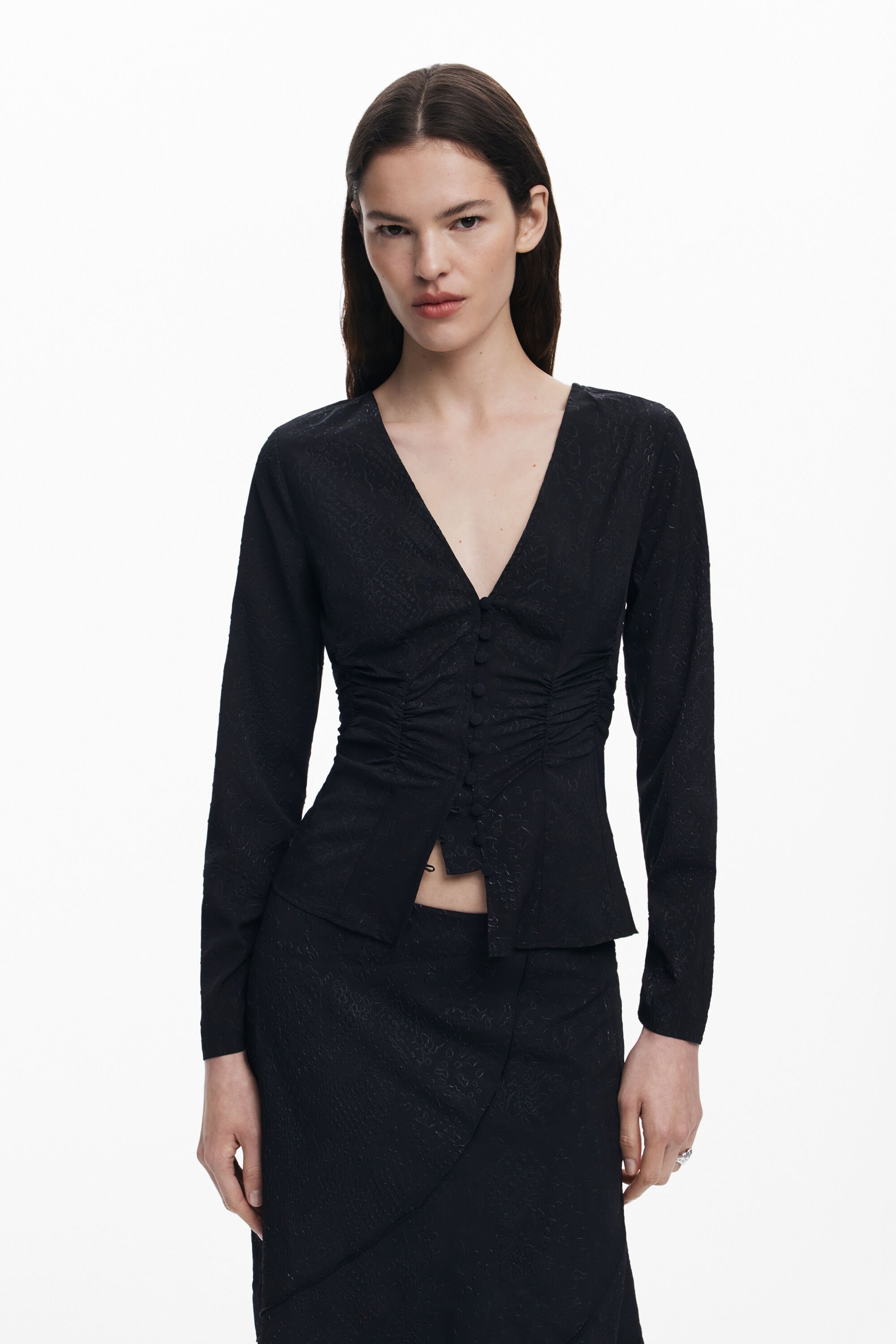 V-neck lace blouse - BLACK - S