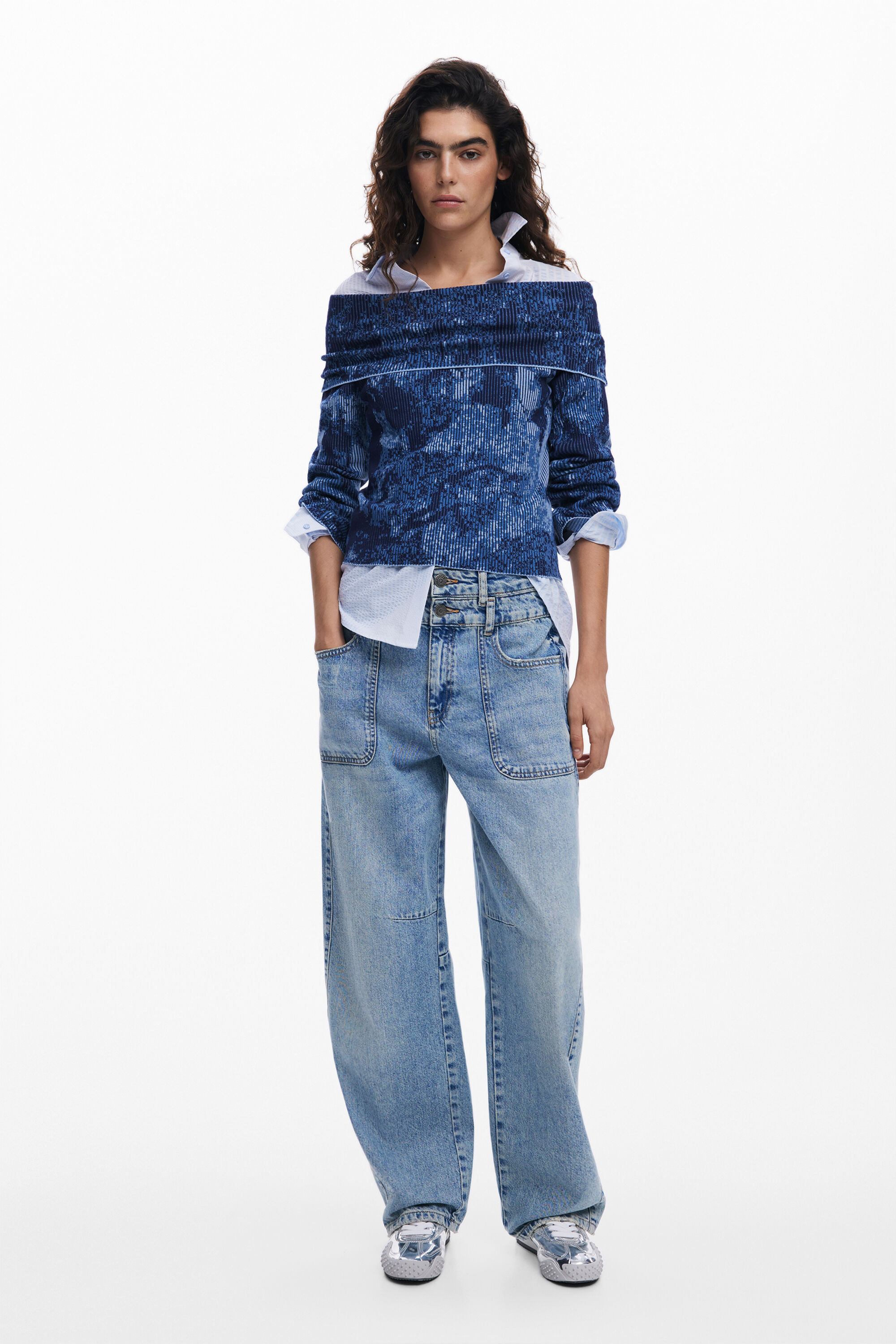 Desigual Off The Shoulder Sweater In Blue