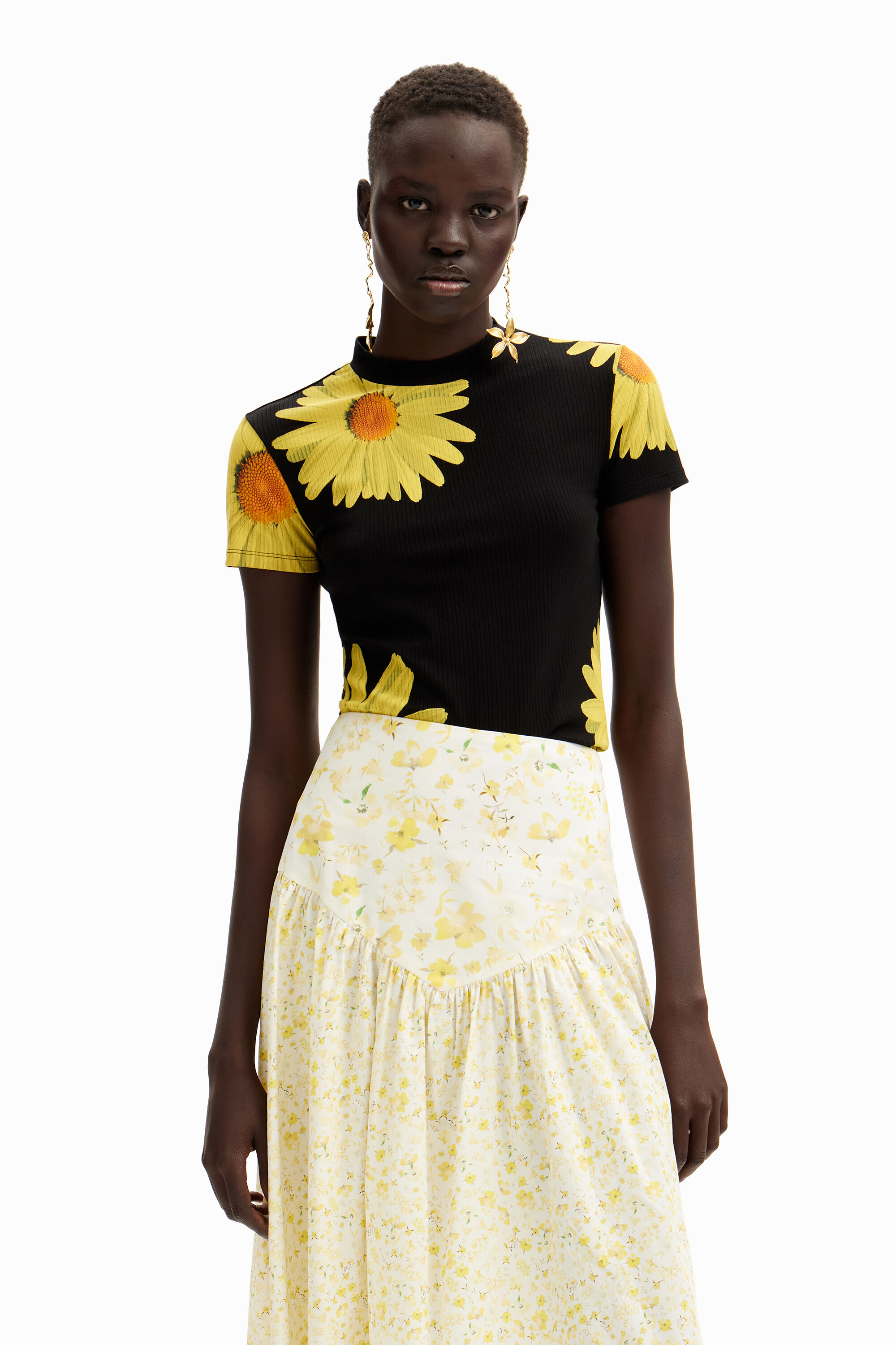 Shop Desigual Floral Ruffle Midi Skirt In Yellow