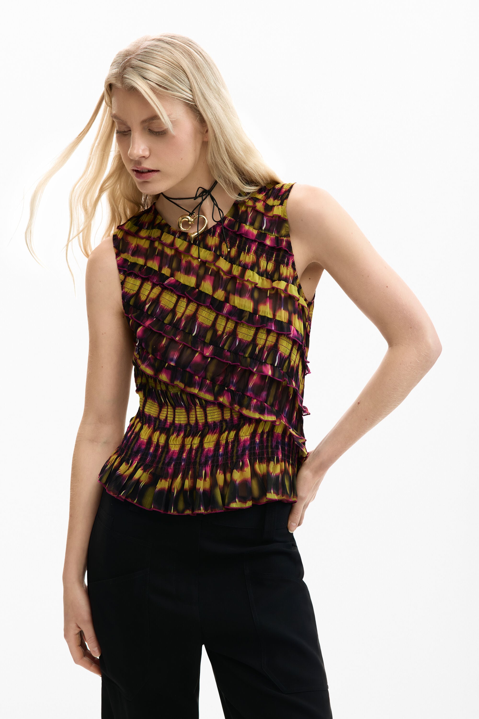 Desigual, Bedruckte ärmellose bluse, Polyester, GrüN, L
