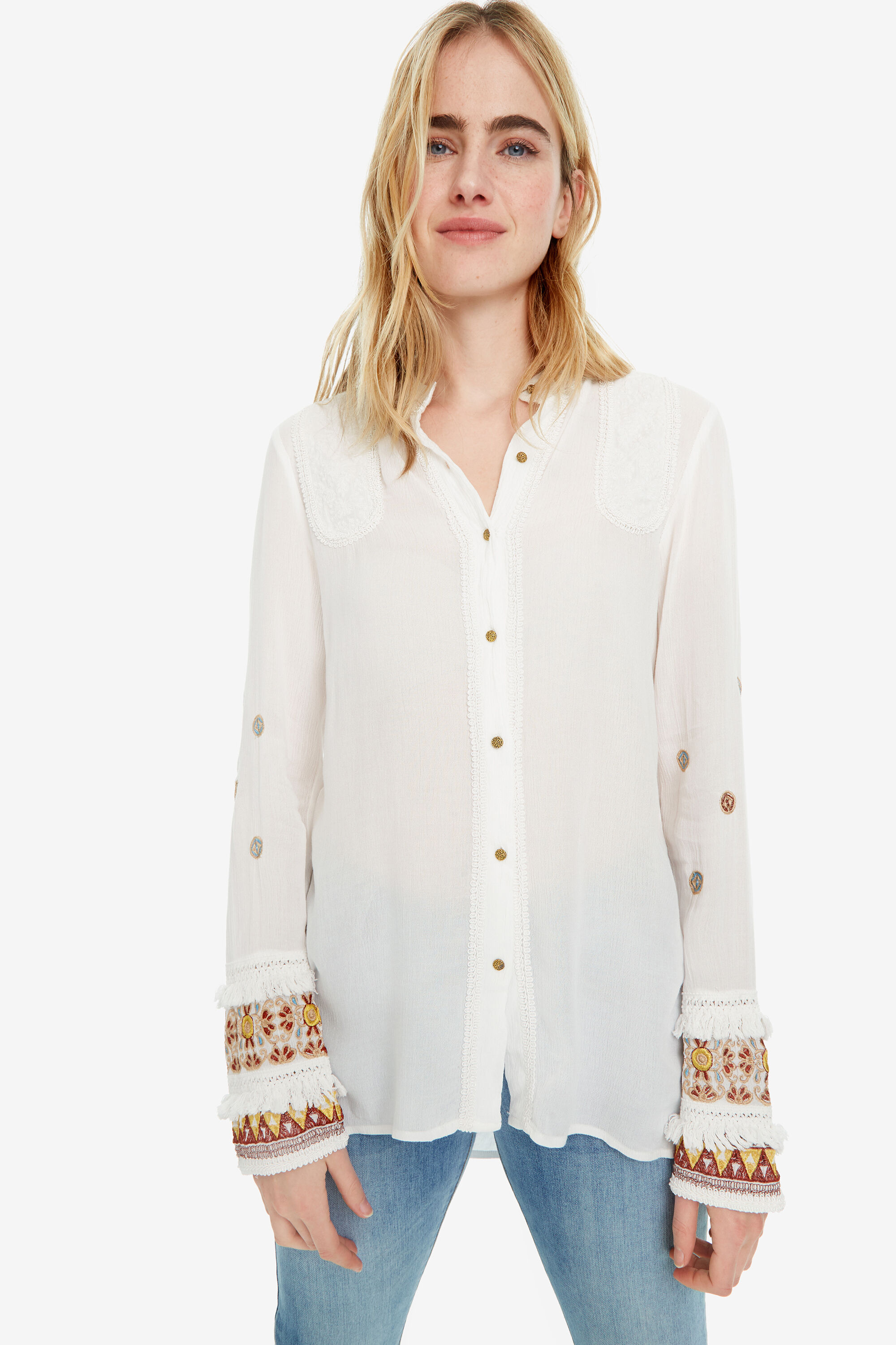 Desigual Wit Shirt Met Boho Manchetten Iman White Xxl desigual kopen in de aanbieding