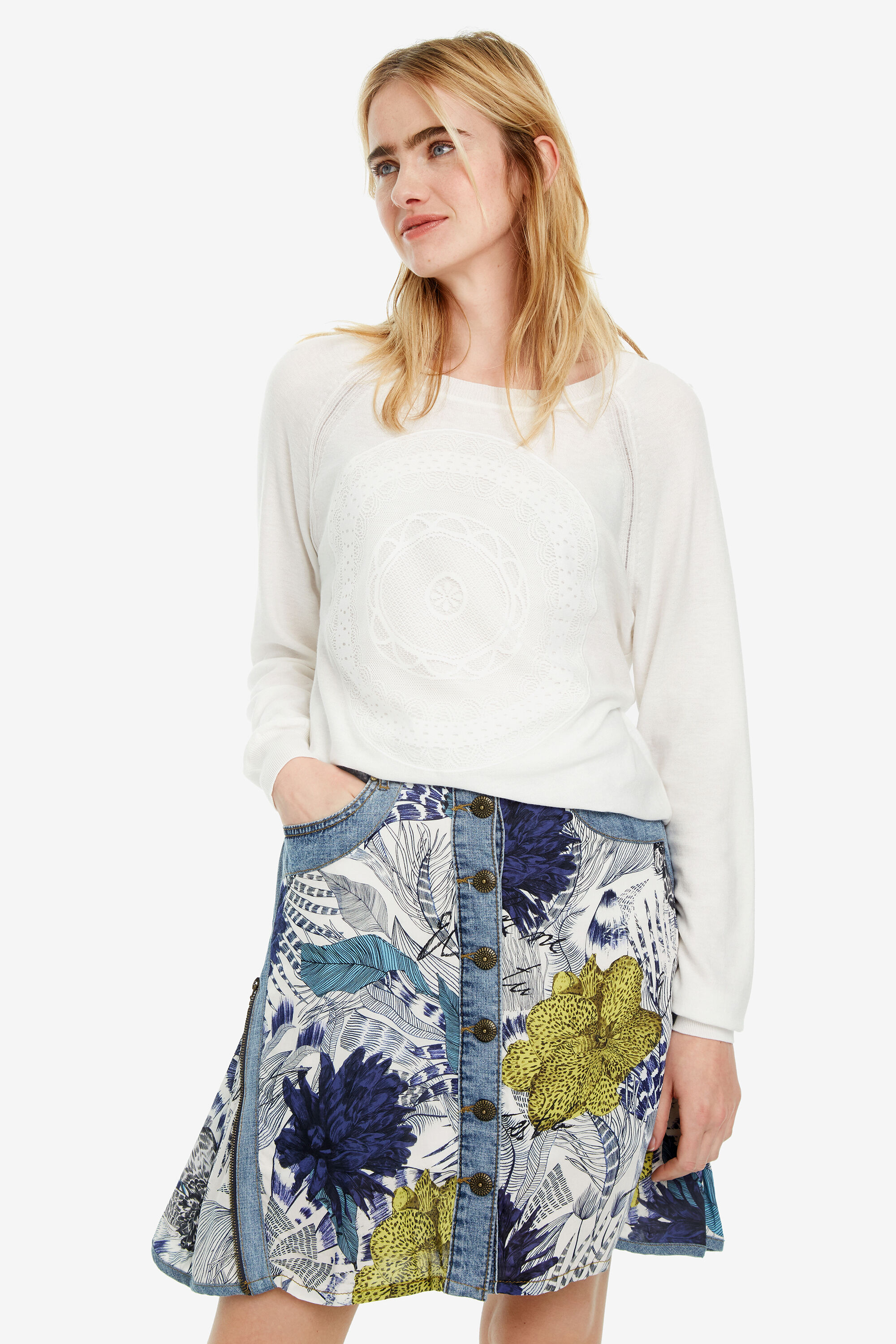 Desigual Ecru Trui Met Print Rodas White desigual kopen in de aanbieding Desigual Ecru Trui Met Print Rodas White desigual kopen in de aanbieding