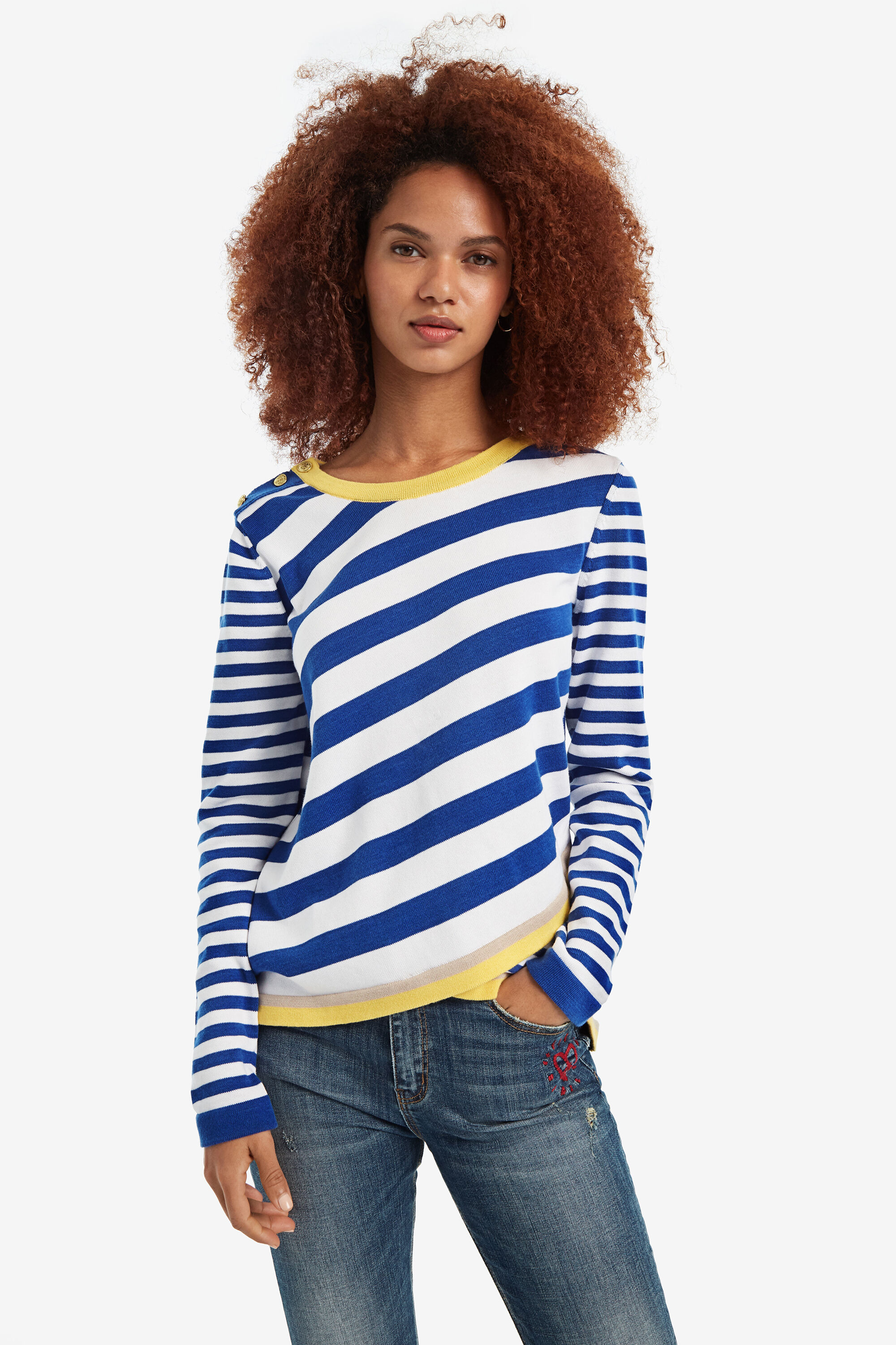 Desigual Trui Met Diagonale Strepen Saligna Blue desigual kopen in de aanbieding