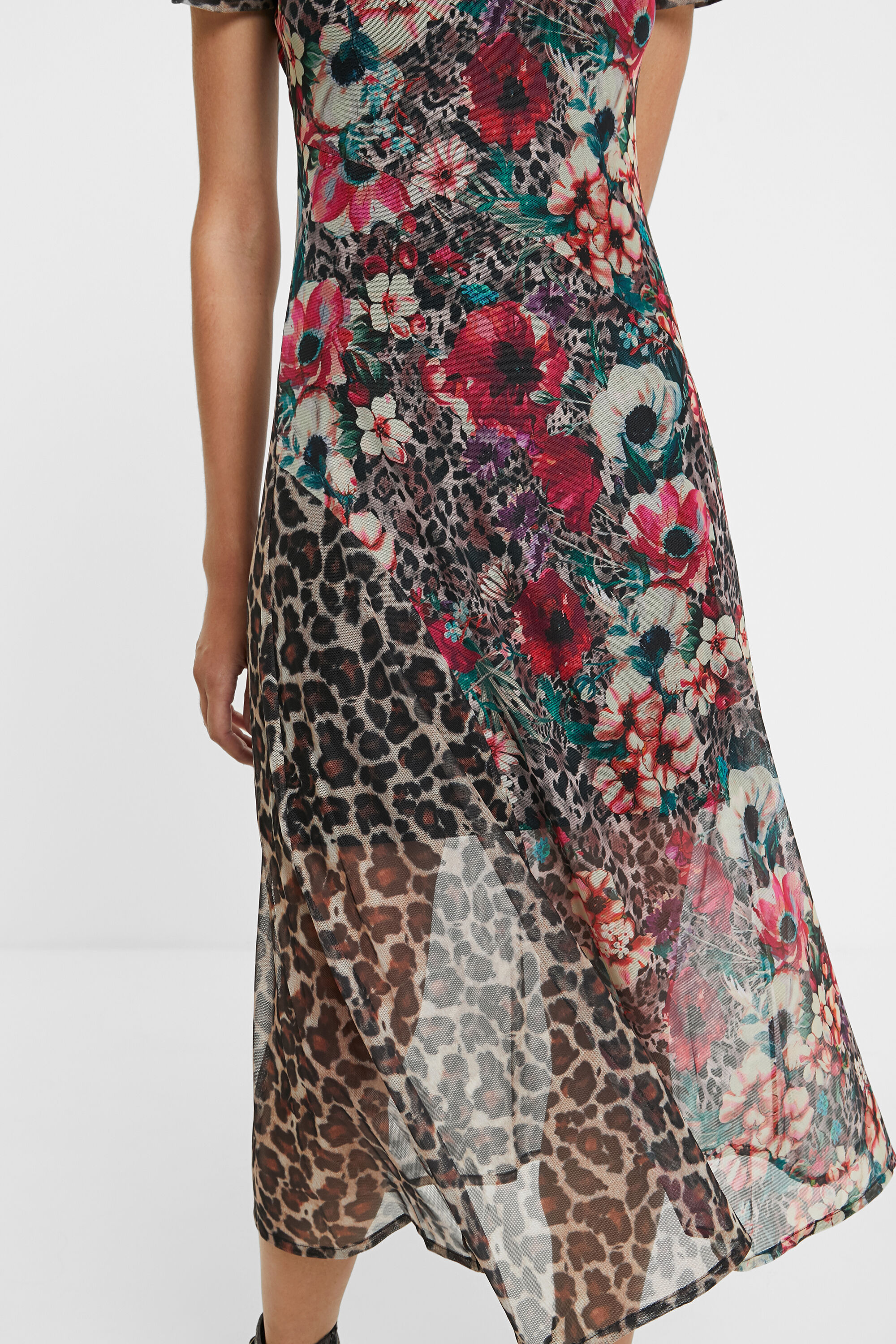 Midi-jurk met bloemen- en dierenprint – BROWN – L