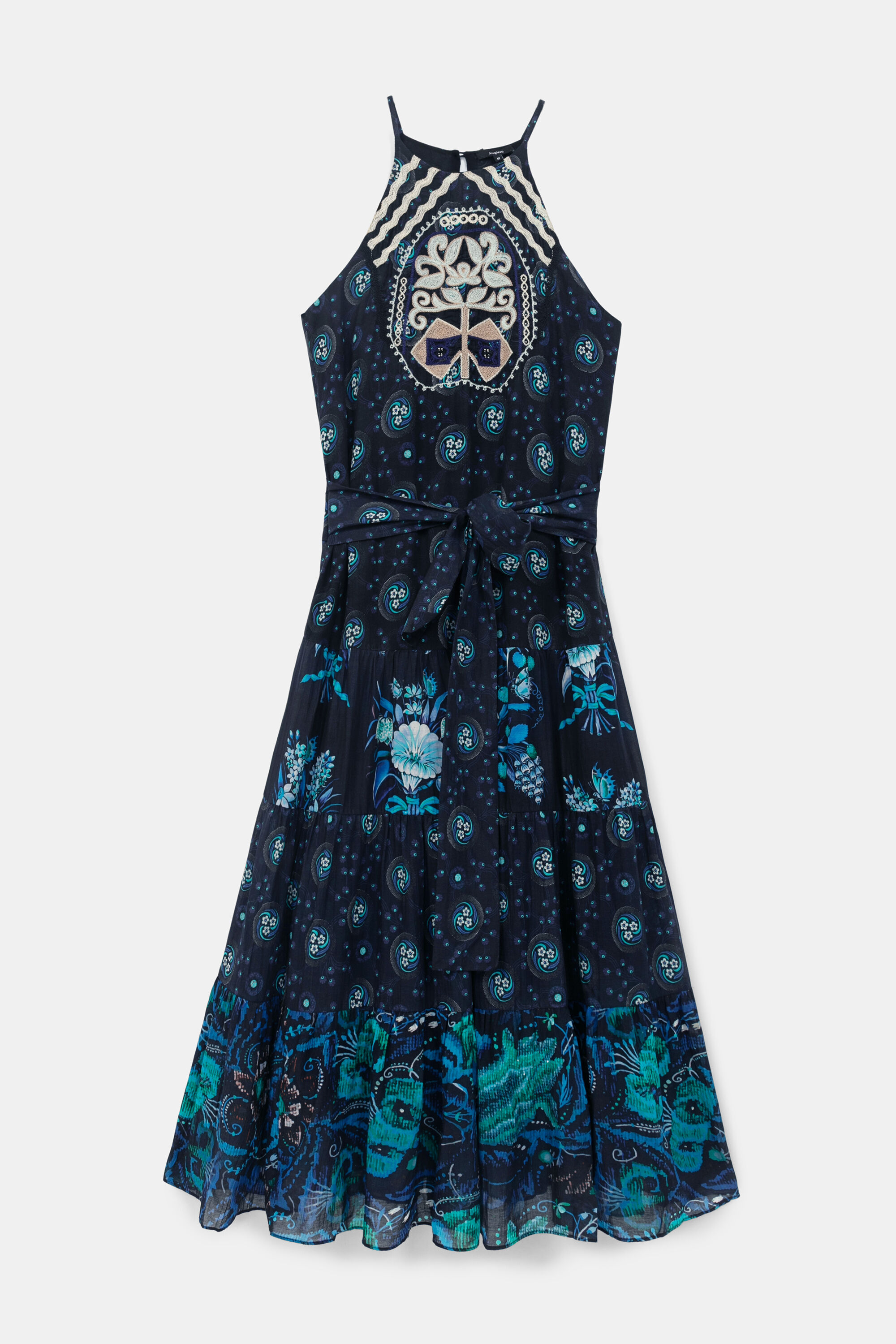 Robe midi décolleté collier brodée - BLACK - L